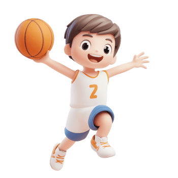A cheerful cartoon boy actively playing basketball, showcasing joy and energy. png