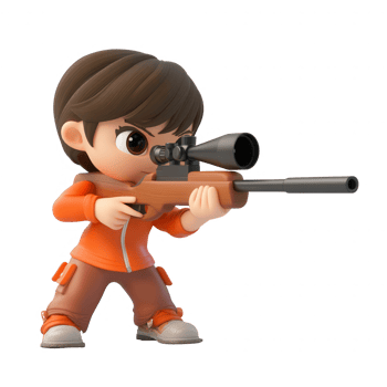 A cartoon character aiming with a sniper rifle, showcasing focused determination. png