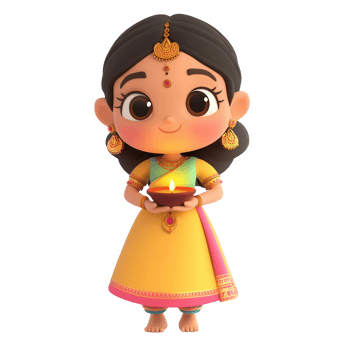 A cheerful girl holding a traditional lamp, showcasing cultural festivities and warmth. png