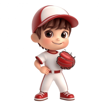 A cheerful cartoon boy in a baseball uniform ready to play. png