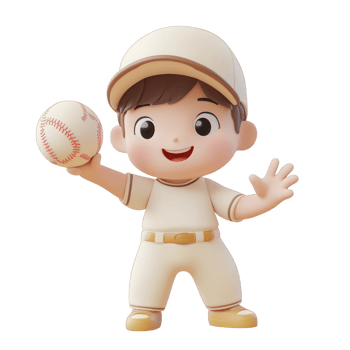 A cheerful cartoon boy in baseball uniform holding a baseball and smiling at viewers. png