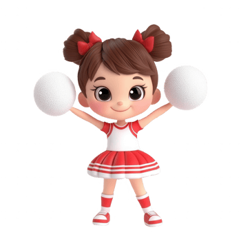 Cheerful cartoon character in a cheerleading outfit holding pom-poms. png