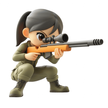 A cartoon character aiming a sniper rifle in a tactical pose, showcasing focus and skill. png