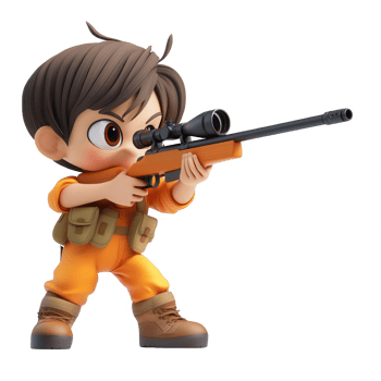 A stylized character aiming with a sniper rifle in a dynamic action pose. png