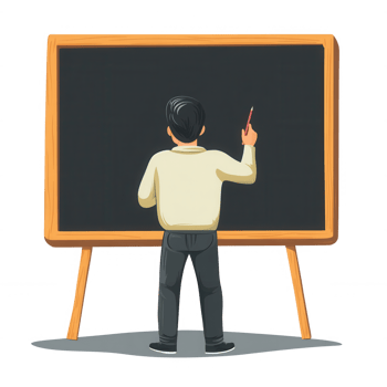 A teacher stands before a chalkboard, illustrating an educational concept with a pointer. png