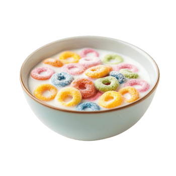 Colorful cereal in a bowl with milk, perfect for breakfast or a snack. png