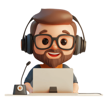 Cheerful cartoon character working on a laptop with headphones. png