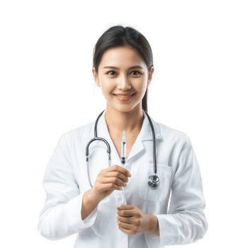 A cheerful female doctor ready with a syringe, promoting health and wellness. png