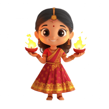 A cheerful girl in traditional attire holding glowing lamps during a festival celebration. png