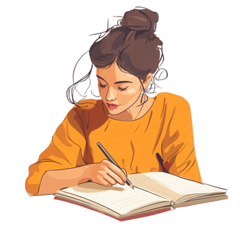 A young woman writes intently in her notebook while reflecting on her thoughts. png