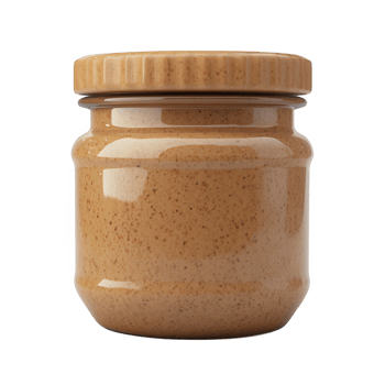 A jar of creamy and crunchy peanut butter with a wooden lid, perfect for spreads. png