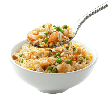A bowl of delicious shrimp fried rice garnished with green peas and vegetables. png
