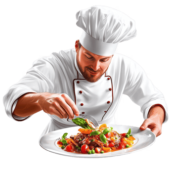 A chef meticulously garnishing a delicious gourmet meal on a white plate. png