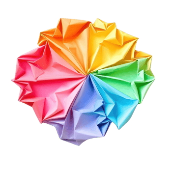 A vibrant, multi-colored origami flower showcasing intricate paper folding art. png