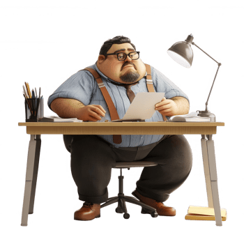A focused man reviews documents at his desk in a modern office setting. png