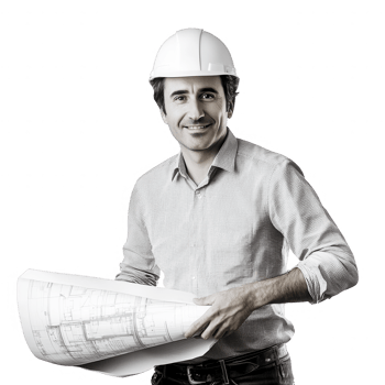 A confident architect holding blueprints with a hard hat, ready for construction. png
