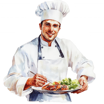 A cheerful chef presenting a delicious plate of gourmet food with fresh vegetables. png