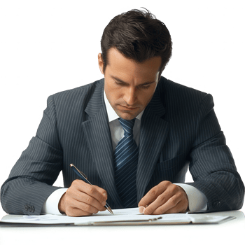A focused businessman writing notes at a desk, showcasing professionalism and dedication. png