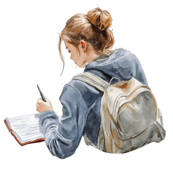 A student writes in her notebook, focused and immersed in her studies, backpack nearby. png