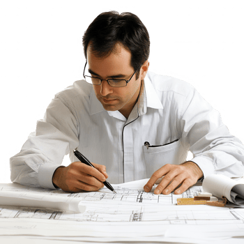 An architect designs and reviews blueprints in a modern office setting. png