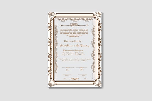 Nikkah Name Frame and Wedding Certificate Personalized A4 Premium Islamic Wedding Contract Gift vector