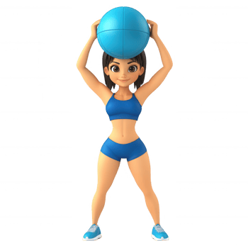 A cheerful cartoon woman exercising with a fitness ball, promoting health and wellness. png