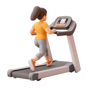 A cartoon woman jogging on a treadmill in a bright, modern gym setting. png