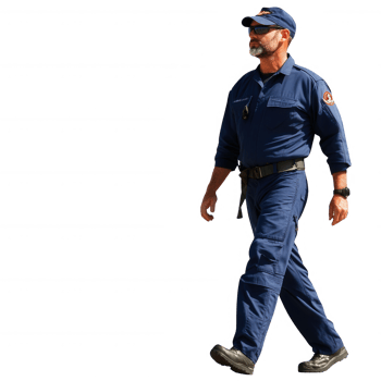 A confident man in uniform walks purposefully, embodying professionalism and duty. png