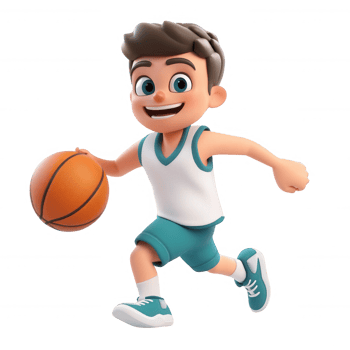 A cheerful cartoon boy playing basketball and having fun on the court. png