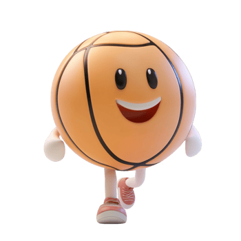 A cheerful animated basketball character running energetically with a friendly smile. png