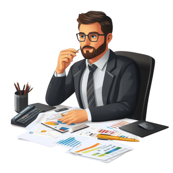 A businessman analyzing reports and charts while deep in thought. png