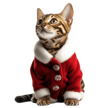 A Bengal cat in a festive Santa coat, looking adorable and ready for the holidays. png