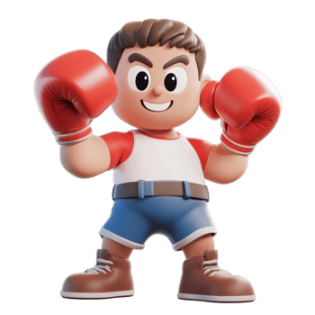 A cheerful animated boxer ready for a match with bright gloves and a confident smile. png