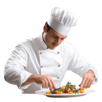 A professional chef artfully plating a gourmet dish with fresh ingredients. png