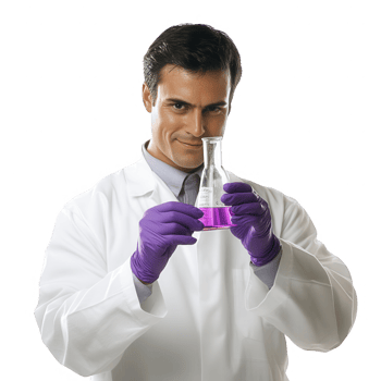 A scientist in a lab coat examines a colorful liquid in a beaker with a thoughtful expression. png