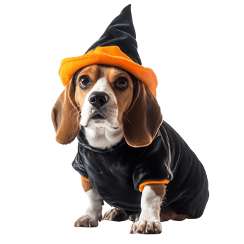 A cute beagle dog dressed in a witch costume for Halloween celebrations. png