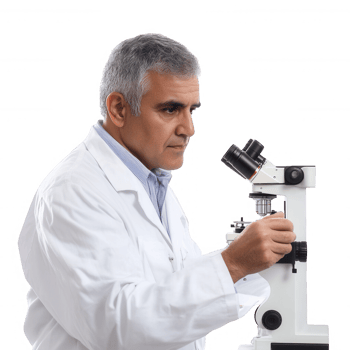 A scientist examines specimens under a microscope in a laboratory setting. png