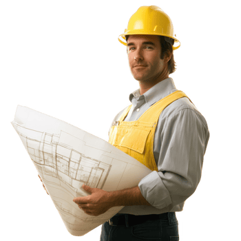 A confident construction worker holding blueprints in a hard hat and safety gear. png