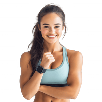 A confident woman in sportswear smiling, showcasing strength and motivation. png