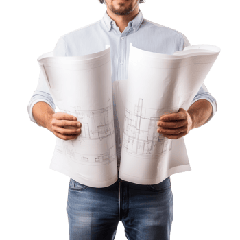 A professional examining detailed blueprints for architectural planning. png