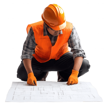 A construction worker analyzing blueprints on the ground, focused and diligent in work. png