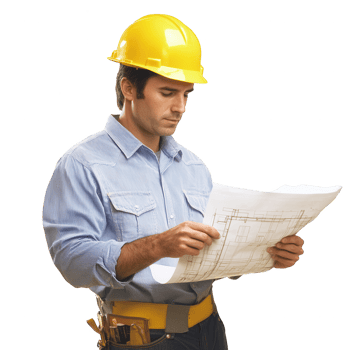 A construction worker analyzing blueprints on a job site, ensuring project accuracy. png