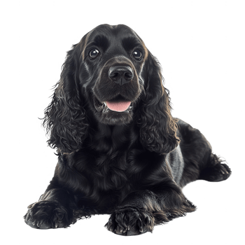 A cheerful black cocker spaniel dog lying down with a joyful expression. png