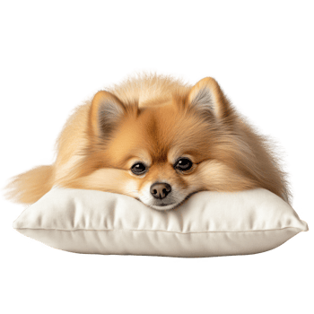 A fluffy Pomeranian dog lounging on a soft pillow, exuding cuteness and comfort. png