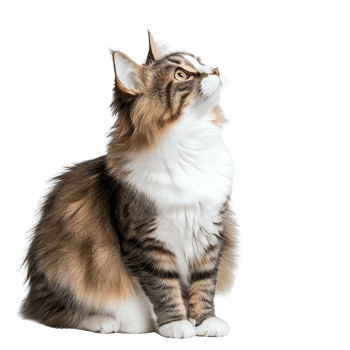 A majestic cat gazing upwards with a curious expression, showcasing its beautiful fur. png
