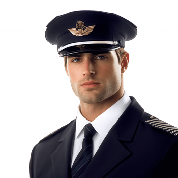 A confident male pilot in uniform, showcasing professionalism and dedication. png