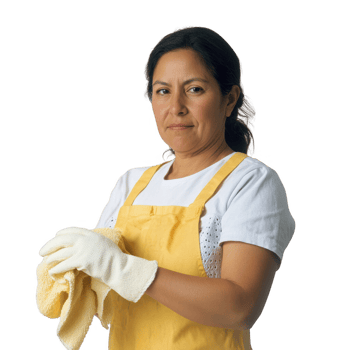 A focused woman in a yellow apron prepares to clean with determination. png
