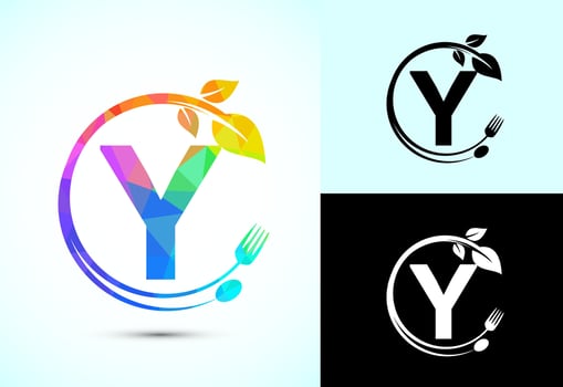 Initial alphabet Y with a fork, spoon, and leaf. Healthy natural food logo concept vector