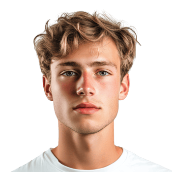 A portrait of a young man with curly hair and a neutral expression on his face. png