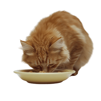 A fluffy orange cat enjoying a meal from a yellow bowl. png